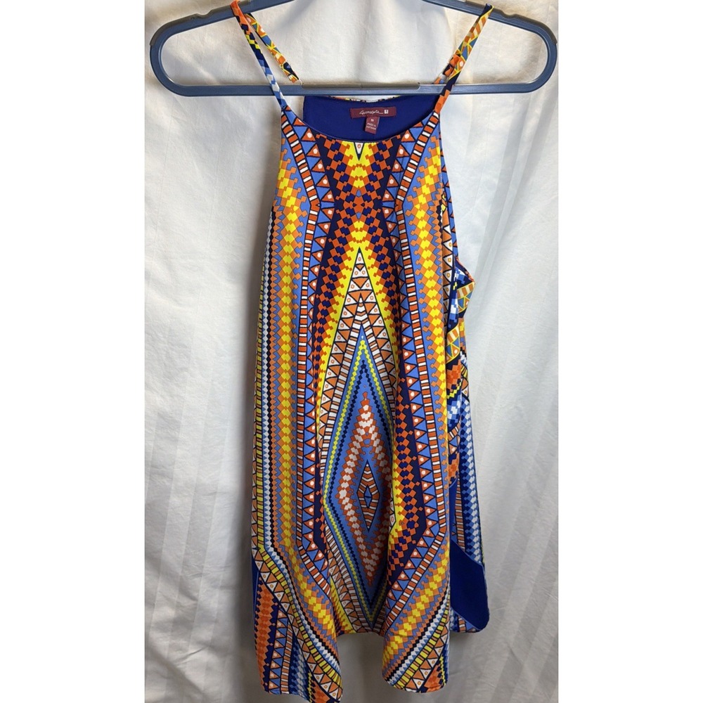 Sleeveless halter dress bold geometric tribal-pattern in blue orange yellow